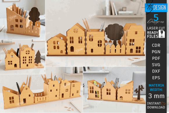 99+ Laser Cut Wood Projects To Sell From Home 446 Laser cut wood desk organizer with house designs, ideal for home office use.