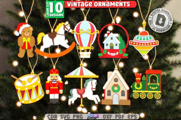 99+ Laser Cut Wood Projects To Sell From Home 162 Collection of vintage laser cut wood ornaments including a bear, horse, balloon, house, and train.