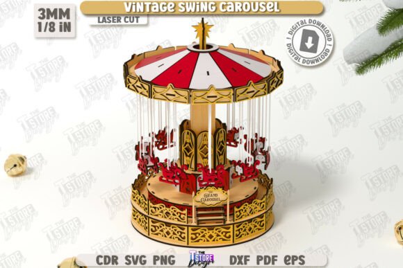 99+ Laser Cut Wood Projects To Sell From Home 183 Laser cut vintage swing carousel model with red and gold accents, showcasing intricate design details.