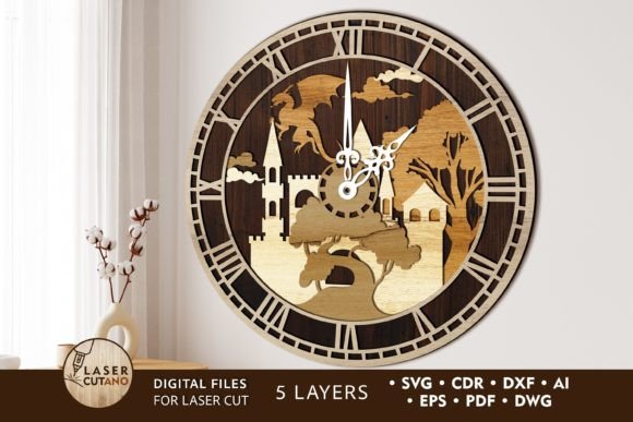 99+ Laser Cut Wood Projects To Sell From Home 16 Laser cut wood wall clock design featuring a castle and tree silhouette.