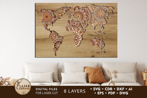Laser Cut Products That Sell on Etsy and Make Money 43 Layered world map art with intricate patterns on a wooden background, suitable for laser cutting.