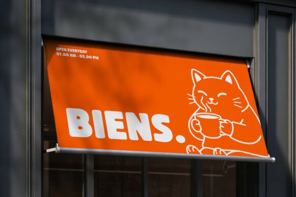 70+ Food Logo Fonts for Restaurants, Cafes, and Food Brands 90 Bright orange cafe sign featuring a cat holding a coffee cup with the word 'BIENS.'