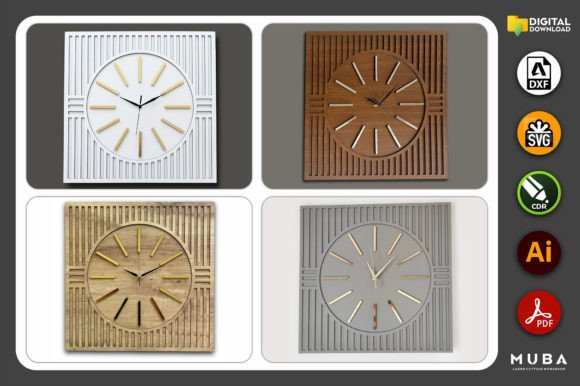 99+ Laser Cut Wood Projects To Sell From Home 15 Four laser cut wood wall clocks in different colors and designs, showcasing unique styles for home decor.