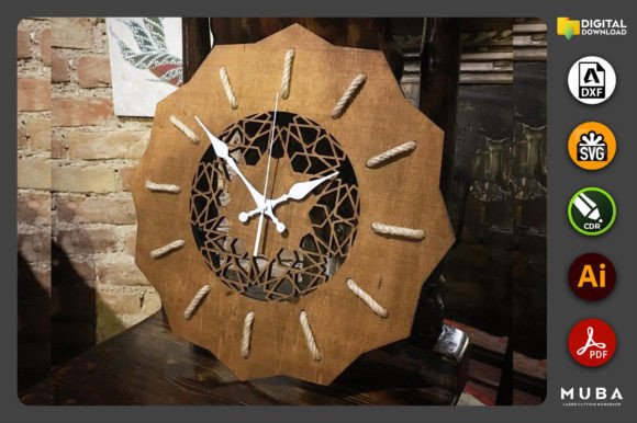 99+ Laser Cut Wood Projects To Sell From Home 13 Laser cut wooden clock with intricate design and rope accents, showcasing craftsmanship in home decor.