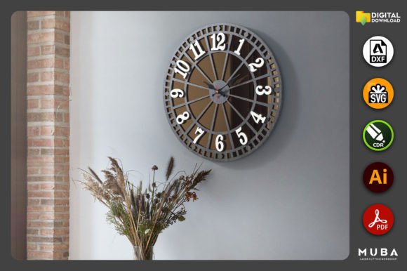 99+ Laser Cut Wood Projects To Sell From Home 19 Laser cut wood wall clock with a circular design and decorative numbers, displayed on a wall next to dried flowers.