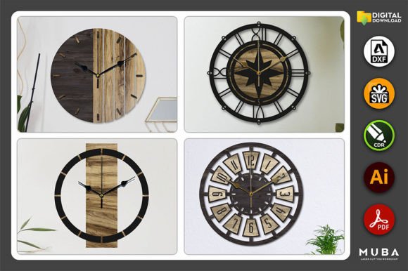 99+ Laser Cut Wood Projects To Sell From Home 9 Four unique laser cut wood wall clocks showcasing different designs and styles.