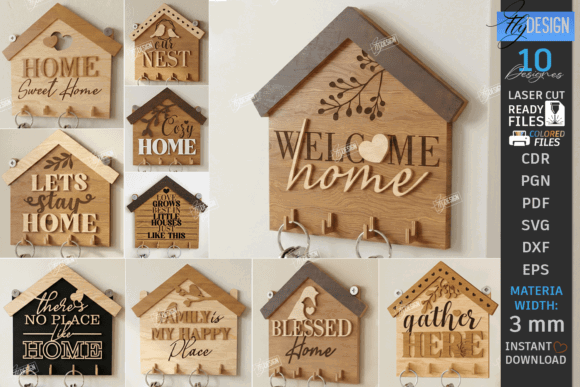 99+ Laser Cut Wood Projects To Sell From Home 287 Various laser cut wooden signs with home-themed designs and hooks for keys.