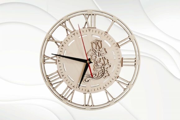 99+ Laser Cut Wood Projects To Sell From Home 4 Laser cut wooden wall clock with floral design and Roman numerals.