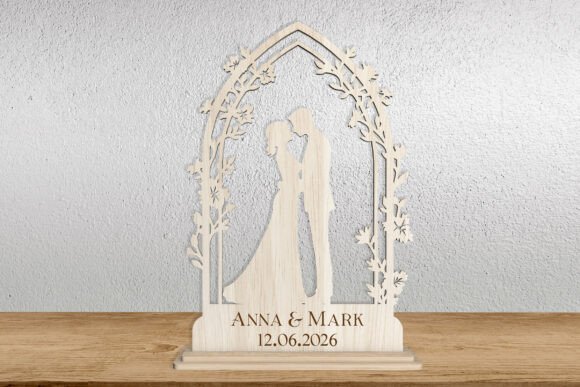 99+ Laser Cut Wood Projects To Sell From Home 202 Personalized laser cut wood wedding decor featuring a couple and names Anna & Mark with a date.