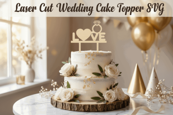 99+ Laser Cut Wood Projects To Sell From Home 207 Laser cut wedding cake topper with 'LOVE' and a ring on a decorated cake with flowers
