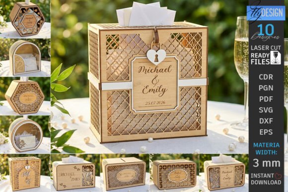 99+ Laser Cut Wood Projects To Sell From Home 199 Laser cut wooden wedding card box with personalized names and date, surrounded by decorative elements.