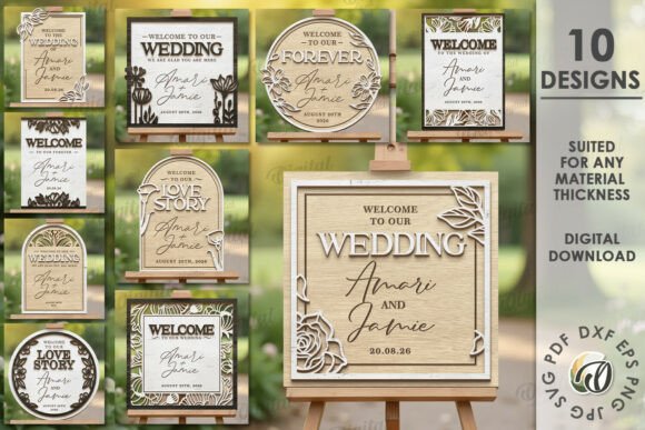 Easy Laser Cut Wood Projects To Sell On Etsy 56 Collection of laser cut wood wedding signs with floral designs and customizable text.