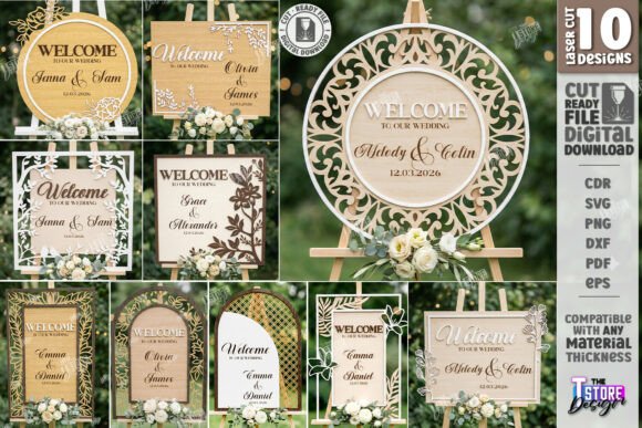 99+ Laser Cut Wood Projects To Sell From Home 203 Laser cut wood wedding signs with personalized names and decorative designs.