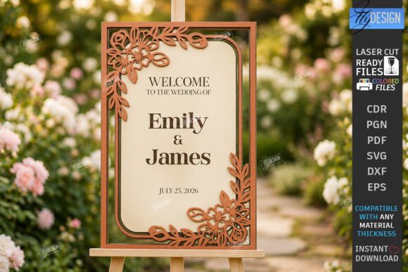 99+ Laser Cut Wood Projects To Sell From Home 204 Laser cut wedding welcome sign featuring floral design with names Emily and James.