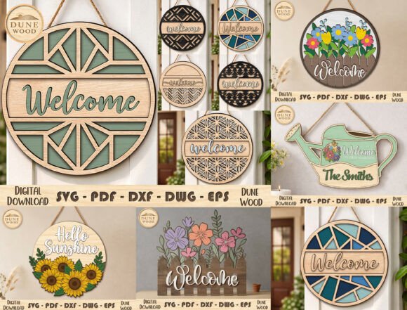 99+ Laser Cut Wood Projects To Sell From Home 288 Various laser cut wood welcome signs featuring floral designs and geometric patterns.