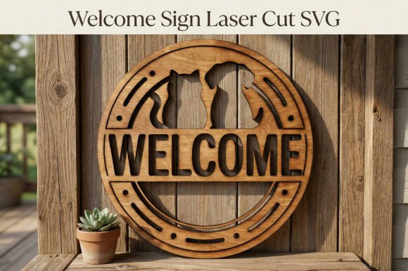 99+ Laser Cut Wood Projects To Sell From Home 215 Laser cut wooden welcome sign featuring silhouettes of two cats and the word 'WELCOME'.