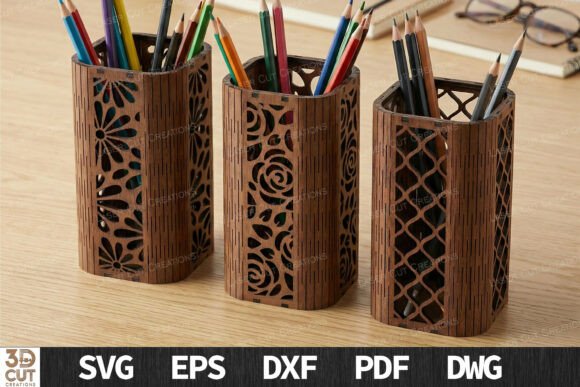 99+ Laser Cut Wood Projects To Sell From Home 448 Three laser cut wood desk organizers with floral and geometric designs, holding colored pencils and pens.