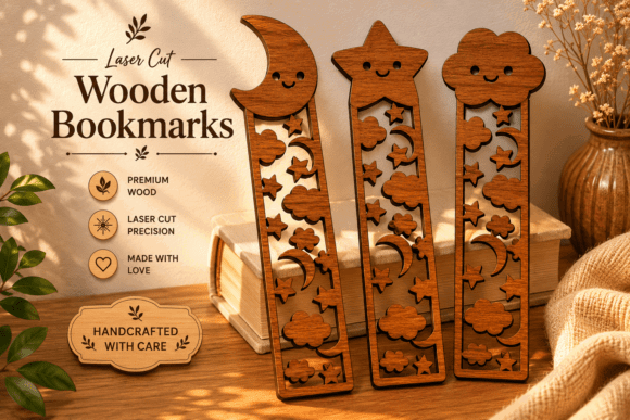 99+ Laser Cut Wood Projects To Sell From Home 81 Three laser cut wooden bookmarks featuring a moon, star, and cloud design, showcasing intricate patterns.