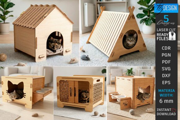 99+ Laser Cut Wood Projects To Sell From Home 259 Laser cut wood cat houses with various designs, showcasing unique styles for pet furniture.