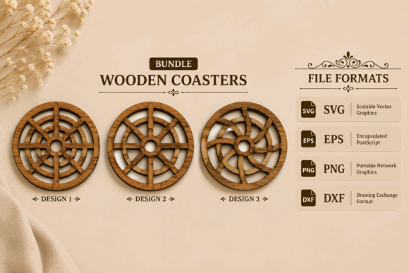 99+ Laser Cut Wood Projects To Sell From Home 39 Set of three laser cut wooden coasters with intricate wheel designs, showcasing different styles.