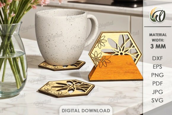 99+ Laser Cut Wood Projects To Sell From Home 42 Laser cut wooden coasters with floral design next to a speckled mug on a table.
