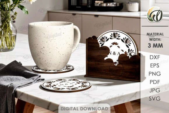 99+ Laser Cut Wood Projects To Sell From Home 41 Set of laser cut wood coasters and a holder with floral design on a kitchen table next to a coffee mug.
