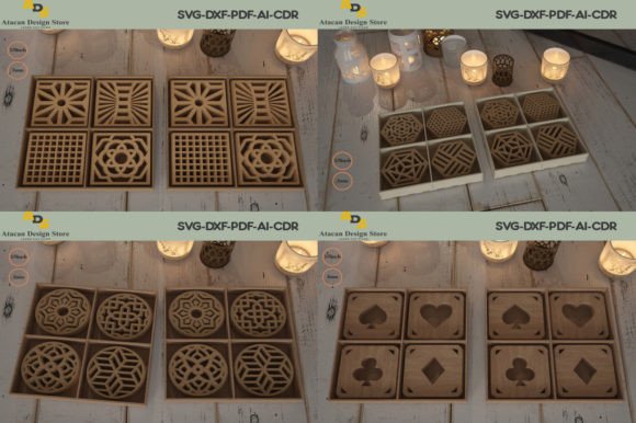 99+ Laser Cut Wood Projects To Sell From Home 38 Set of 6 laser cut wood coasters with intricate geometric designs on a wooden surface.