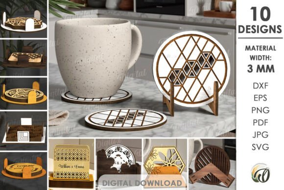 99+ Laser Cut Wood Projects To Sell From Home 32 Laser cut wooden coasters with geometric designs next to a textured coffee mug.