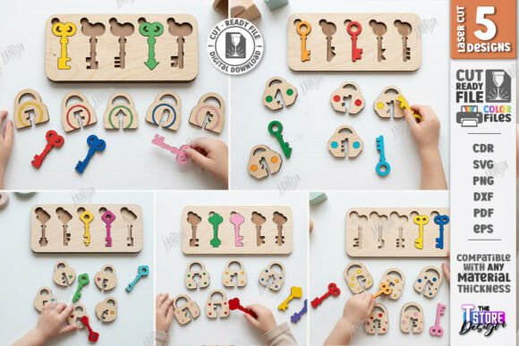 99+ Laser Cut Wood Projects To Sell From Home 326 Colorful laser cut wooden key puzzle pieces arranged with hands interacting with them.