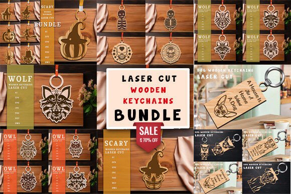 Easy Laser Cut Wood Projects To Sell On Etsy 6 Various laser cut wooden keychains displayed in a bundle, featuring animal designs and a sale banner.