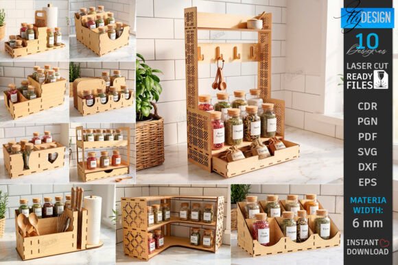99+ Laser Cut Wood Projects To Sell From Home 453 Laser cut wood desk organizer with spice jars and utensils, showcasing intricate design and functionality.