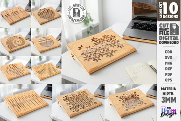 99+ Laser Cut Wood Projects To Sell From Home 458 Set of 10 laser cut wood laptop stand patterns displayed on a table with a laptop.