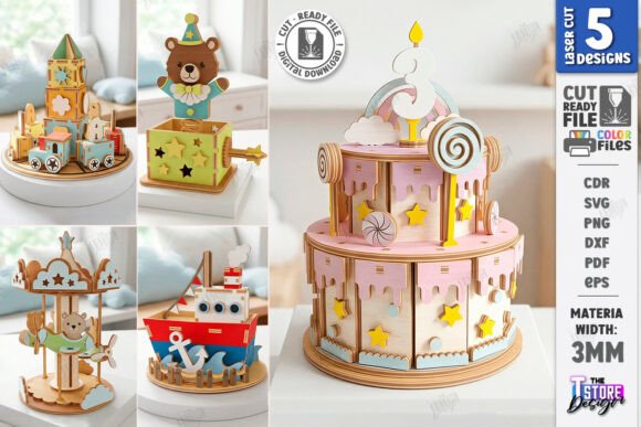 99+ Laser Cut Wood Projects To Sell From Home 324 Colorful laser cut wood toys including a carousel, ship, and animal figures, designed for children's play.