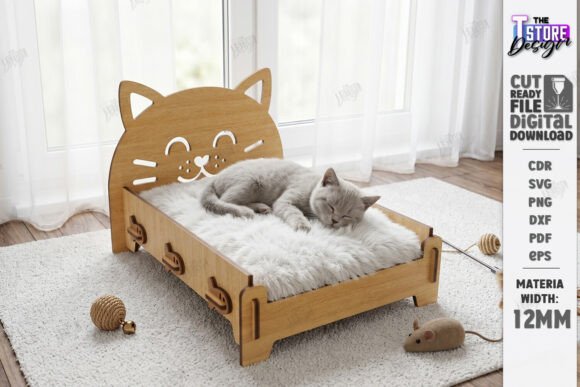 99+ Laser Cut Wood Projects To Sell From Home 249 Laser cut wooden cat bed with a smiling cat face design, featuring a soft cushion and a toy mouse nearby.