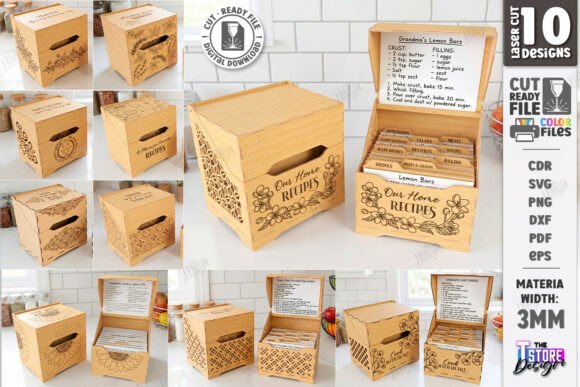 99+ Laser Cut Wood Projects To Sell From Home 334 Laser cut wooden recipe box with floral designs and labeled recipe cards inside.