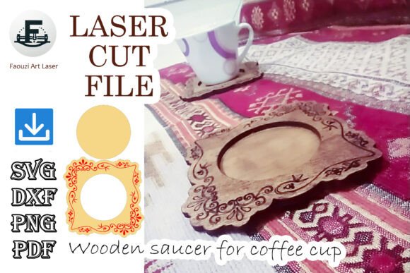 99+ Laser Cut Wood Projects To Sell From Home 34 Wooden saucer for coffee cup with laser cut design on a decorative tablecloth.