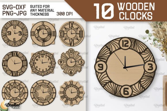 99+ Laser Cut Wood Projects To Sell From Home 6 Collection of 10 laser cut wooden clock designs featuring various styles and patterns.