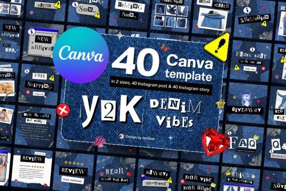 17 Instagram Story Templates for Small Businesses That Boost Engagement 47 Y2K Denim Vibes Canva templates featuring various Instagram Story designs and text elements.