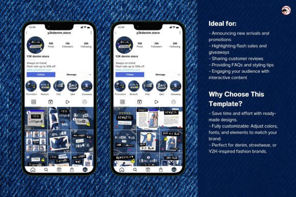 17 Instagram Story Templates for Small Businesses That Boost Engagement 49 Y2K Denim Vibes Instagram Story template showcasing customizable designs for promotions and customer engagement.