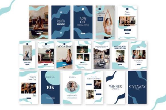 12 Instagram Stories Templates for Small Businesses That Save Time 20 Yoga Instagram Story templates featuring various designs and layouts for promoting yoga classes and offers.