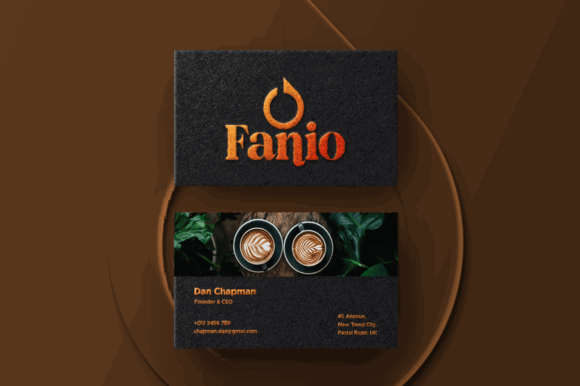 70+ Food Logo Fonts for Restaurants, Cafes, and Food Brands 78 Business card design featuring the logo 'Fanjo' with coffee cups and greenery.