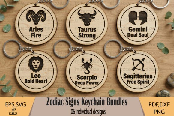 Laser Cut Products That Sell on Etsy and Make Money 13 Set of six laser cut wooden keychains featuring zodiac signs and symbols.