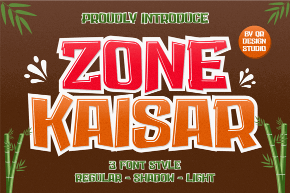70+ Food Logo Fonts for Restaurants, Cafes, and Food Brands 111 Zone Kaisar font showcasing three styles: Regular, Shadow, and Light on a brown background.