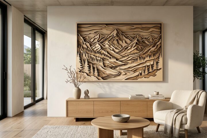A high-end editorial photograph of a large, intricate 3D layered laser-cut wooden wall art piece as a centerpiece in a minimalist modern living room. The artwork is made of natural birch plywood, featuring a stylized, multi-level mountain landscape that creates deep shadows and physical texture through its stacked layers. The room has clean lines, a neutral color palette, and Japandi-style furniture. Dramatic side lighting from a nearby window emphasizes the precision-cut edges and the three-dimensional depth of the layers. The image captures the warmth of the wood grain against a smooth, matte-finished wall, emphasizing a sense of craftsmanship and architectural interest.