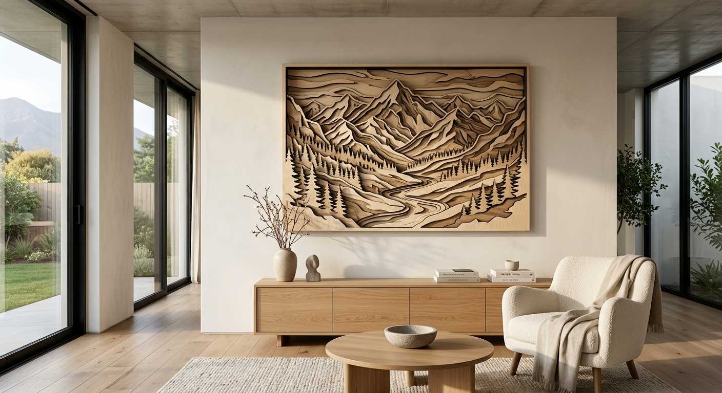 A high-end editorial photograph of a large, intricate 3D layered laser-cut wooden wall art piece as a centerpiece in a minimalist modern living room. The artwork is made of natural birch plywood, featuring a stylized, multi-level mountain landscape that creates deep shadows and physical texture through its stacked layers. The room has clean lines, a neutral color palette, and Japandi-style furniture. Dramatic side lighting from a nearby window emphasizes the precision-cut edges and the three-dimensional depth of the layers. The image captures the warmth of the wood grain against a smooth, matte-finished wall, emphasizing a sense of craftsmanship and architectural interest.