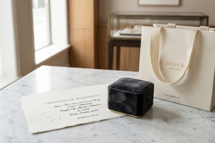 A high-end editorial photograph of a luxury jewelry brand's presentation suite. In a soft-lit, minimalist setting, a deep charcoal velvet ring box sits next to a heavy-weight, ivory textured paper shopping bag with silk ribbon handles. Beside them lies a thick, cream-colored certificate of authenticity with a subtle, colorless embossed seal. The composition is clean and elegant, emphasizing craftsmanship and "quiet luxury." The scene is set on a polished white marble surface with gentle shadows and soft natural light, creating an atmosphere of exclusivity and refined sophistication.