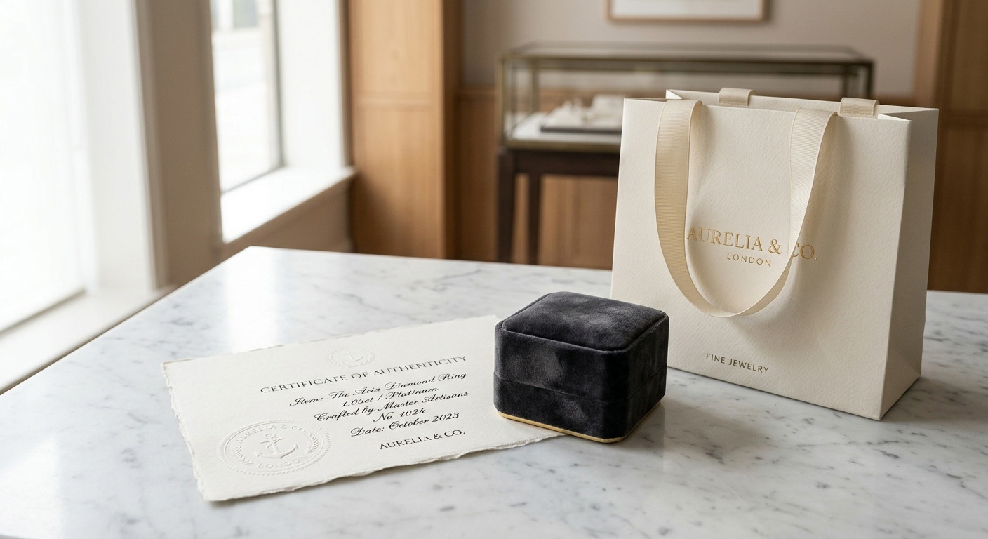 A high-end editorial photograph of a luxury jewelry brand's presentation suite. In a soft-lit, minimalist setting, a deep charcoal velvet ring box sits next to a heavy-weight, ivory textured paper shopping bag with silk ribbon handles. Beside them lies a thick, cream-colored certificate of authenticity with a subtle, colorless embossed seal. The composition is clean and elegant, emphasizing craftsmanship and "quiet luxury." The scene is set on a polished white marble surface with gentle shadows and soft natural light, creating an atmosphere of exclusivity and refined sophistication.