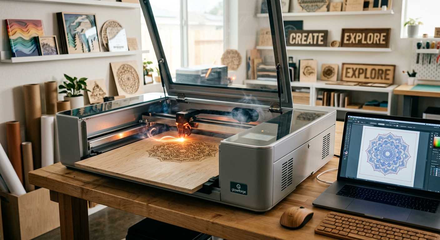 A laser cutter engraving an intricate mandala design onto a wooden board in a craft workshop