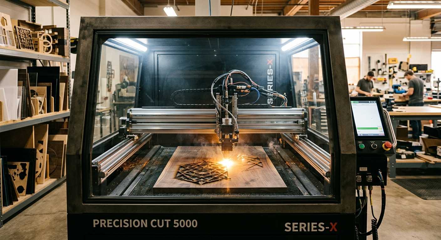 A wide-angle, editorial-style photograph of a high-end, industrial-grade enclosed laser cutting machine in a modern, professional workshop. The machine features a sleek, heavy-duty frame with a transparent protective window revealing a sophisticated internal motion system with polished linear rails and high-quality optics. Inside the illuminated workspace, a precise laser head is rapidly cutting an intricate geometric pattern into a thick sheet of dark hardwood, creating a bright, concentrated amber glow at the point of contact. The surrounding environment is a clean, well-organized maker space with soft, cinematic lighting and a shallow depth of field that blurs the background shelves of finished wood and acrylic products. The image emphasizes precision, high-tech engineering, and robust build quality.