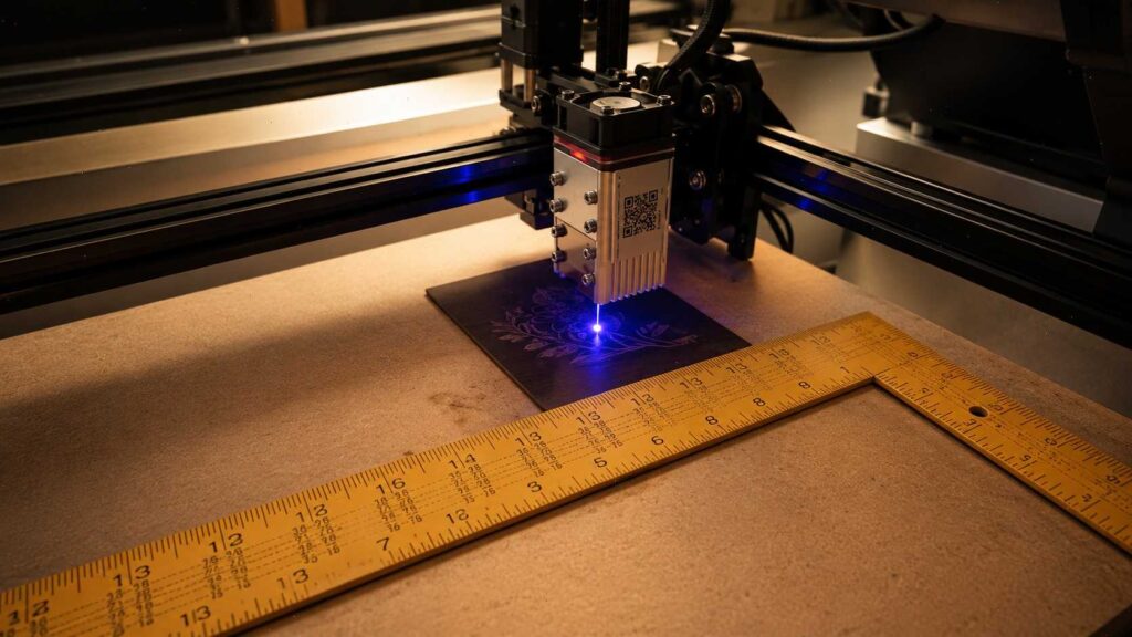 Is a 40W Diode Laser Too Powerful for Detailed Engraving? 2 A diode laser module engraving a detailed floral design onto a dark material with a visible blue laser beam